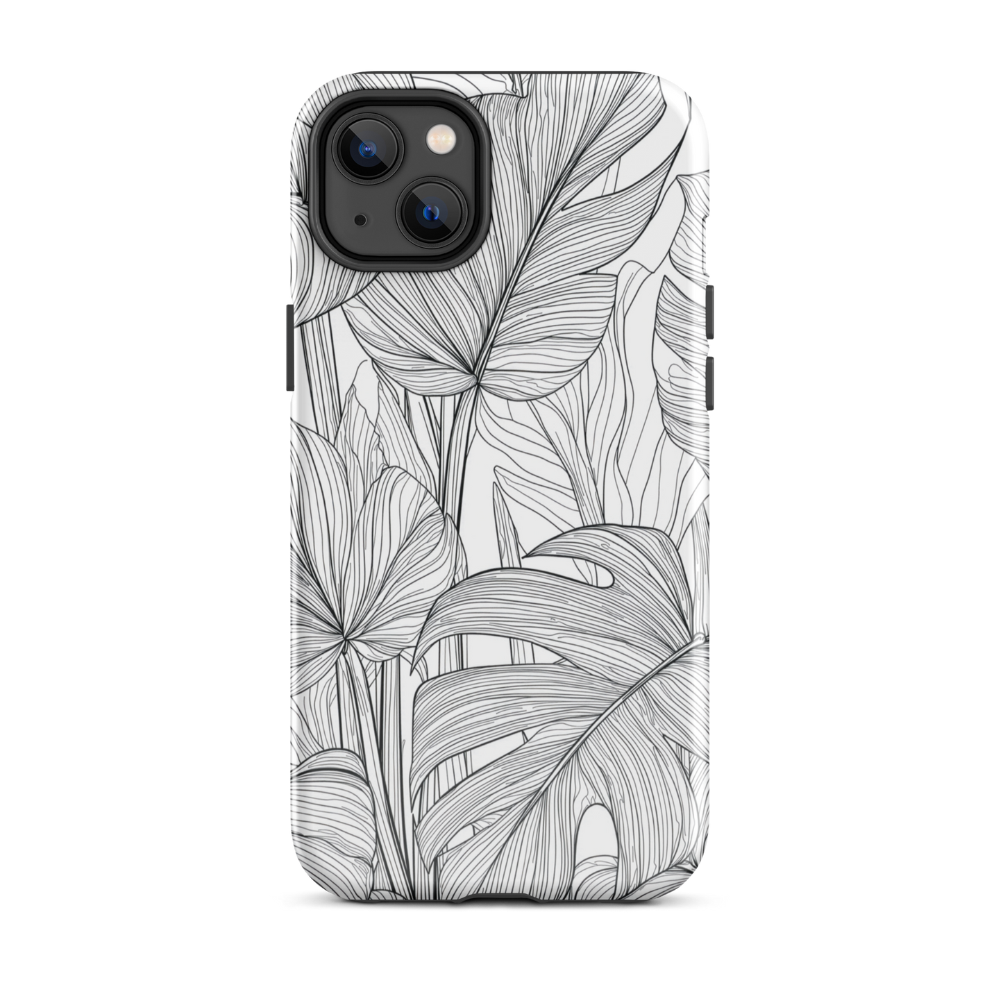 Minimal black and white tropical leaf designer phone case with detailed botanical line art