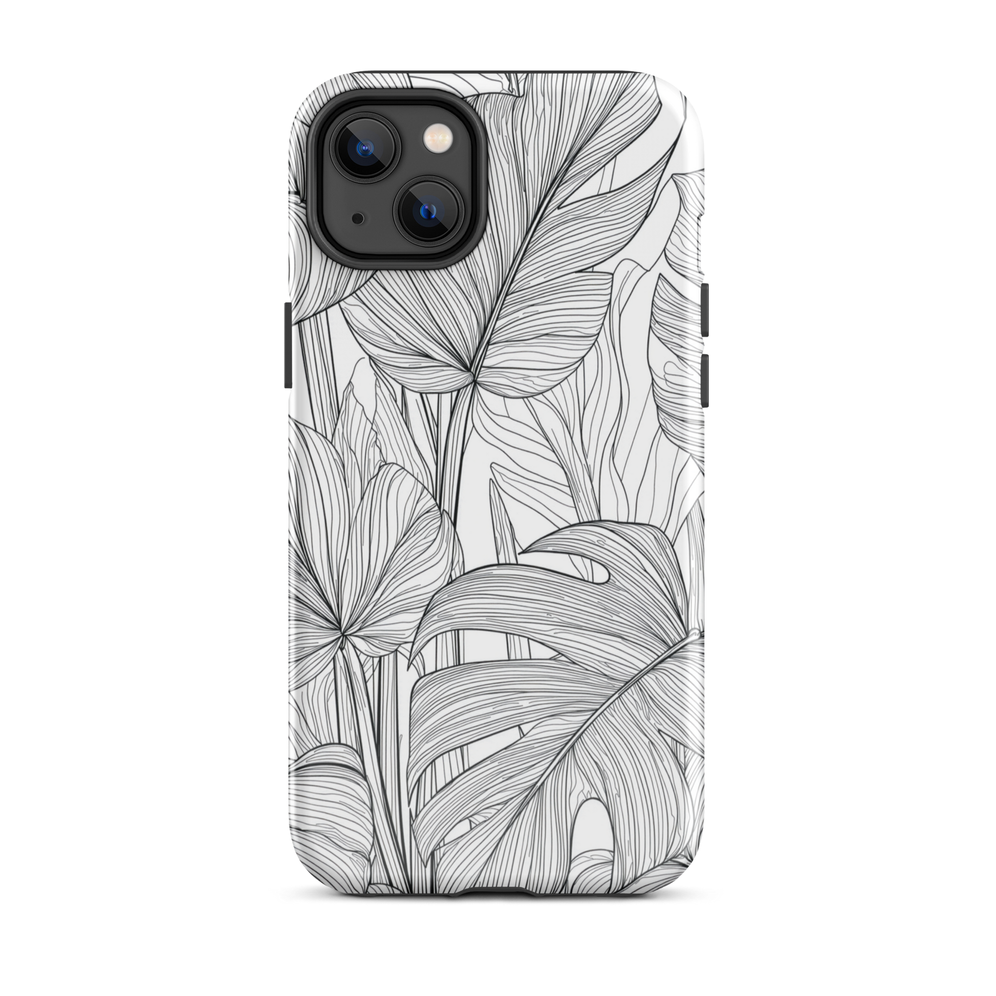 Minimal black and white tropical leaf designer phone case with detailed botanical line art