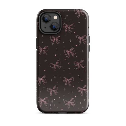 Midnight Bow seamless repeat pattern — pink hand-drawn ribbon bows and sparkle stars on a black background