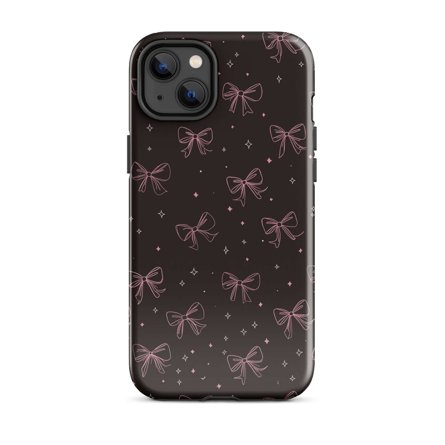 Midnight Bow seamless repeat pattern — pink hand-drawn ribbon bows and sparkle stars on a black background