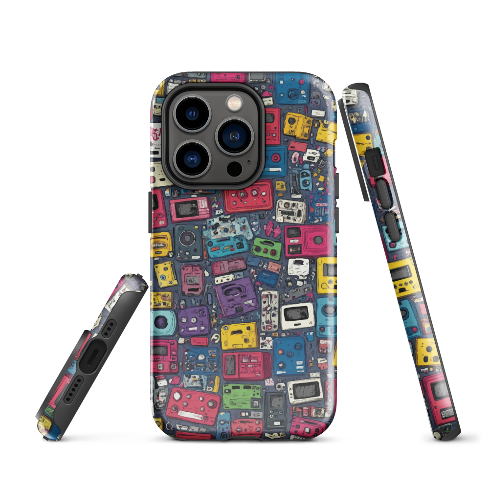 'Arcade' iPhone case, featuring a vibrant collage of hand-drawn controllers in bold, vintage-inspired colours. From electric blue and hot pink to classic black and yellow