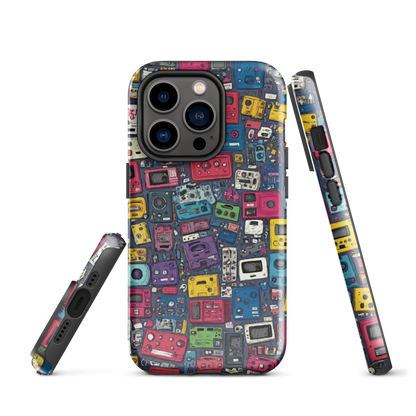 'Arcade' iPhone case, featuring a vibrant collage of hand-drawn controllers in bold, vintage-inspired colours. From electric blue and hot pink to classic black and yellow