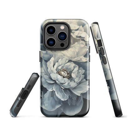 'Whisper' iPhone case features a stunning close-up of softly painted peony blooms in dreamy shades of ivory, grey, and smoky blue.