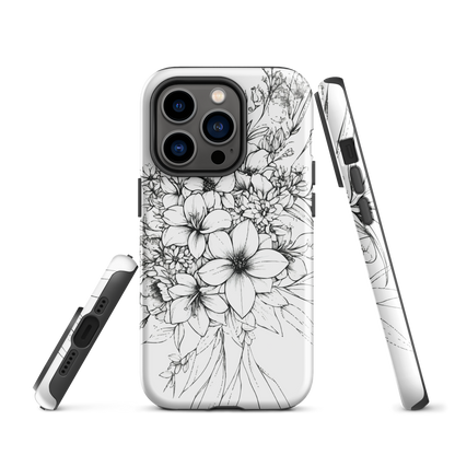 Black and white floral phone case with hand-drawn lilies and wildflowers