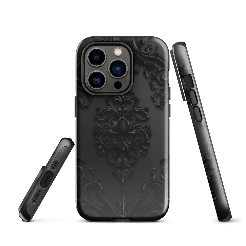 Black embossed damask phone case with gothic baroque pattern.