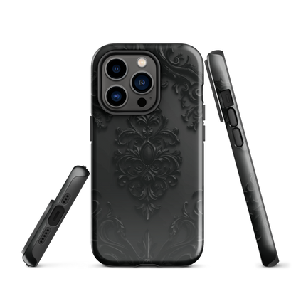 Black embossed damask phone case with gothic baroque pattern.