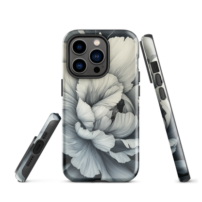 Black and white floral phone case featuring a soft, moody peony design by New Zealand artist Ben Hart.