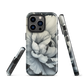 Black and white floral phone case featuring a soft, moody peony design by New Zealand artist Ben Hart.