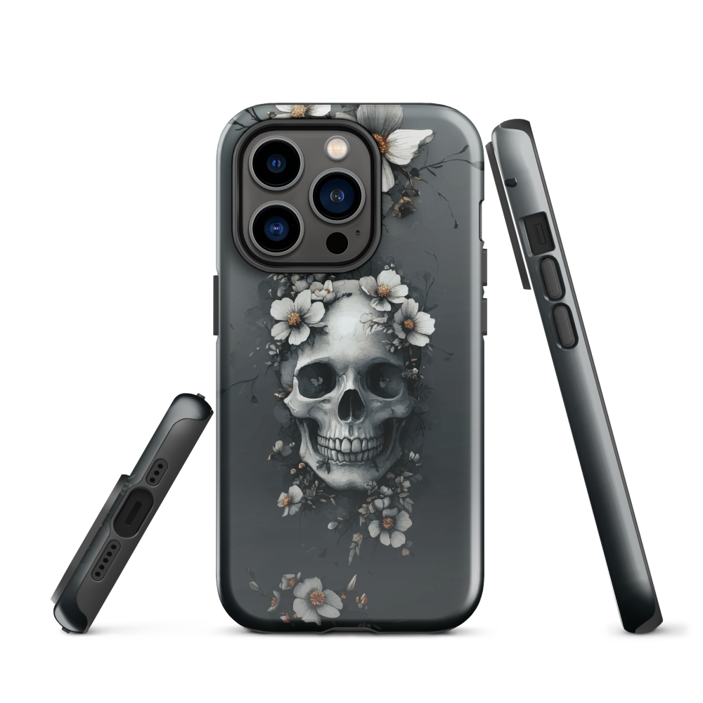 Gothic phone case with a floral skull design in grey tones, featuring white blossoms and dark detailing.