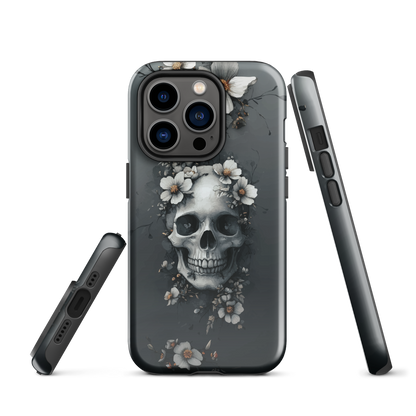 Gothic phone case with a floral skull design in grey tones, featuring white blossoms and dark detailing.