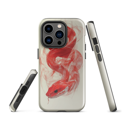 Phone case with red snake design on a cream background, coiled in smoky detail. Bold artwork by NZ designer Ben Hart.