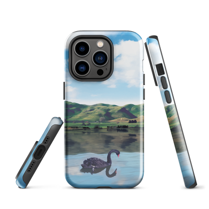Phone case with a black swan on a calm lake, New Zealand hills in the background. Art by NZ designer Ben Hart.