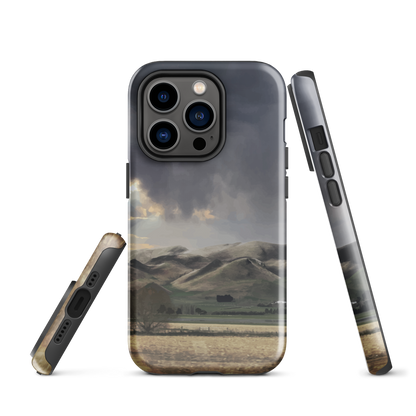 Designer phone case with NZ landscape painting of Te Hauke and cloudy skies by Ben Hart.