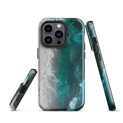 Ocean wave phone case with abstract beach design in teal and white, by NZ artist Ben Hart.