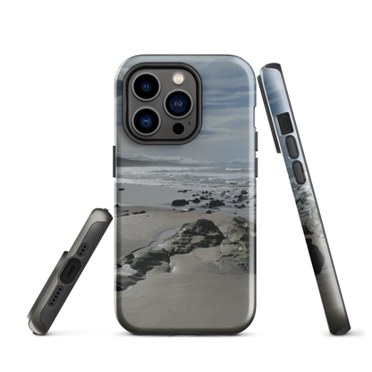 Phone case with artwork of Riversdale Beach, Masterton – rocks, waves and sky by NZ artist Ben Hart.