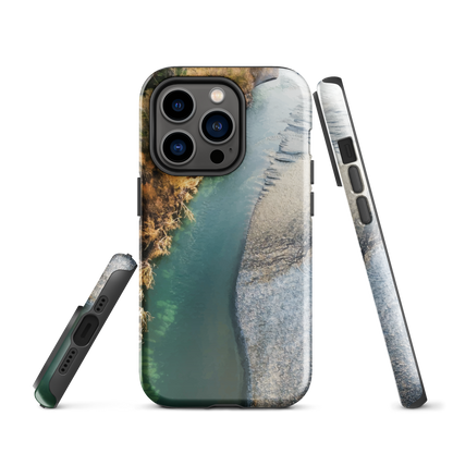 Phone case with aerial riverbend artwork and earthy tones, designed by New Zealand artist Ben Hart.