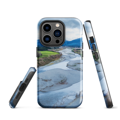 Waiohine phone case featuring artwork of New Zealand’s braided riverbed landscape in the Wairarapa.