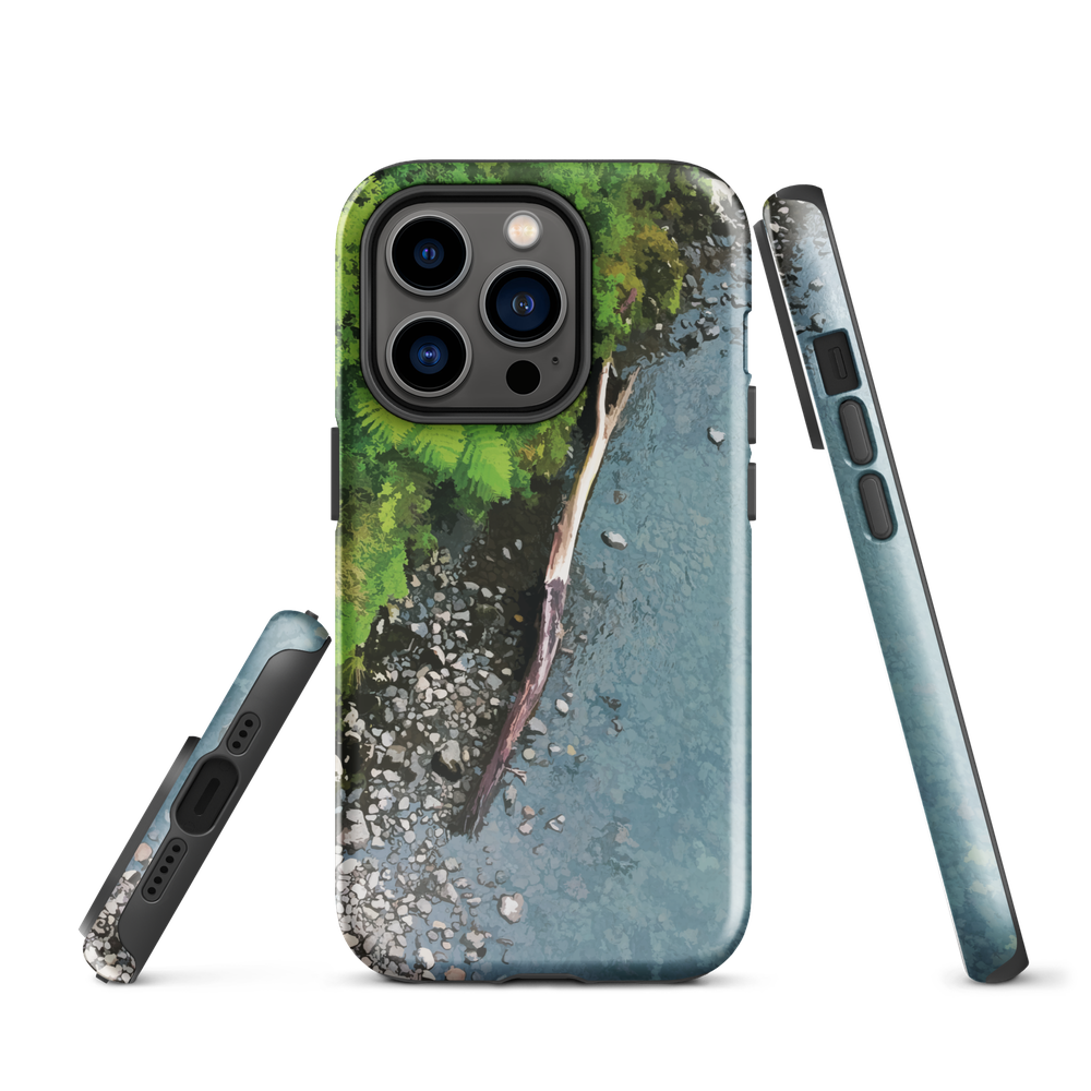 Resting Place phone case with aerial artwork of river rocks, green bush, and driftwood in a New Zealand stream.