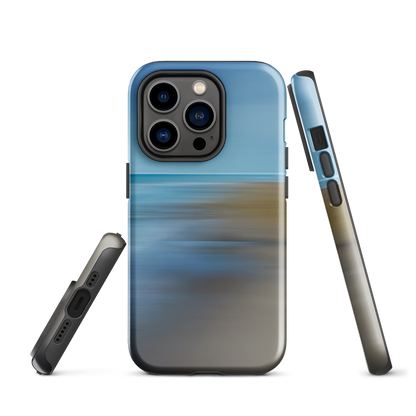 Ocean Breeze phone case with abstract blue and sandy tones inspired by sea and sky.