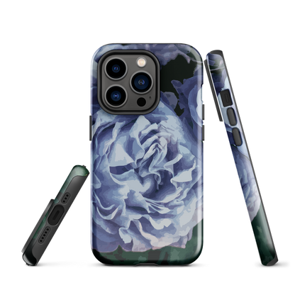 Designer phone case with a bold blue rose artwork and glossy finish.