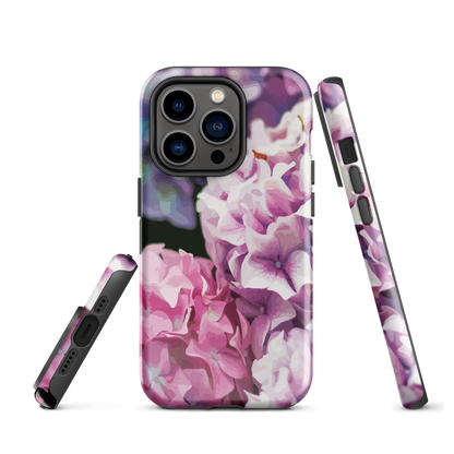 Designer phone case with pink and purple hydrangea floral artwork.