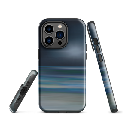 Dark abstract phone case with blue and grey streaks and glossy finish.
