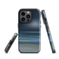 Dark abstract phone case with blue and grey streaks and glossy finish.