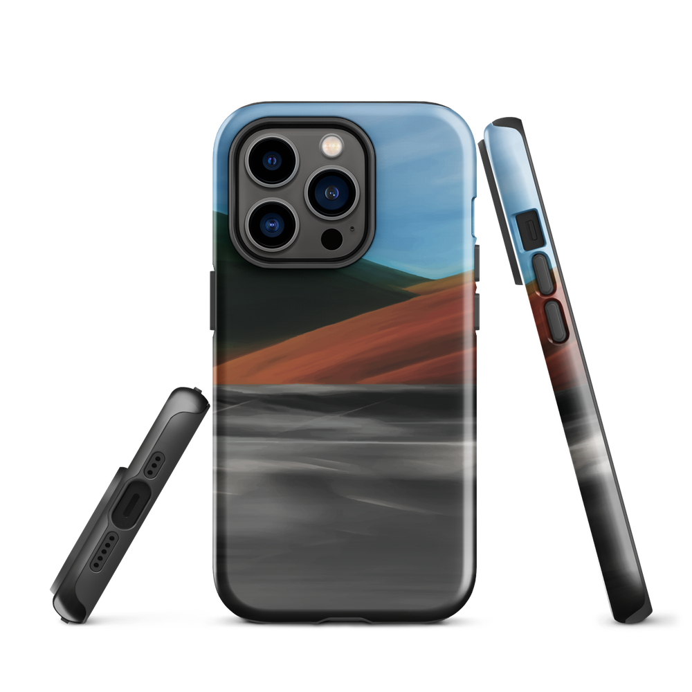 Phone case with abstract red, green, and blue heat wave landscape design.
