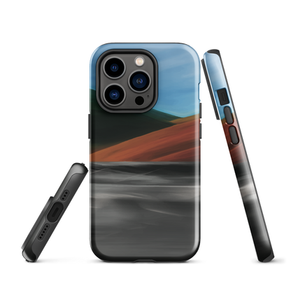 Phone case with abstract red, green, and blue heat wave landscape design.