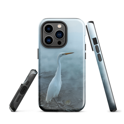 Phone case with a white heron standing in a misty wetland scene.