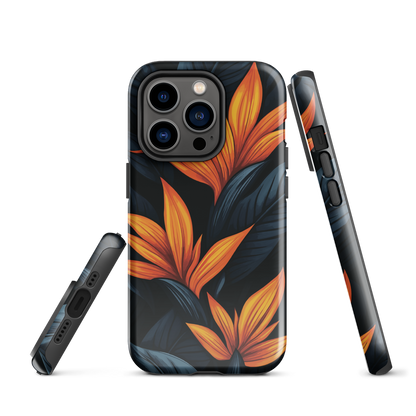 Phone case with bold orange bird of paradise flowers on dark background.