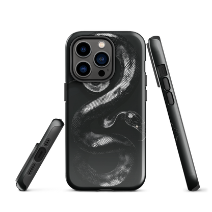 Phone case with detailed black python design on dark background.