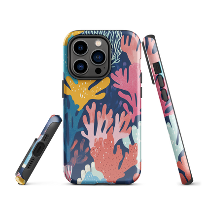 Colourful coral reef phone case design in pink, blue and yellow by NZ artist Ben Hart