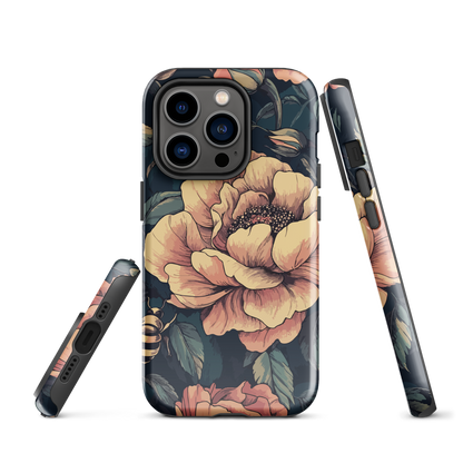 Phone case with vintage-style pink roses and bees on dark background, floral New Zealand artwork.