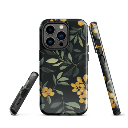 NZ Kowhai phone case with native yellow floral and green leaves on black background by designer Ben Hart.