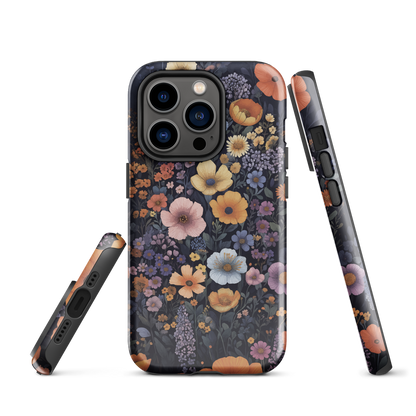 Phone case with colourful wildflowers on dark background, floral art design