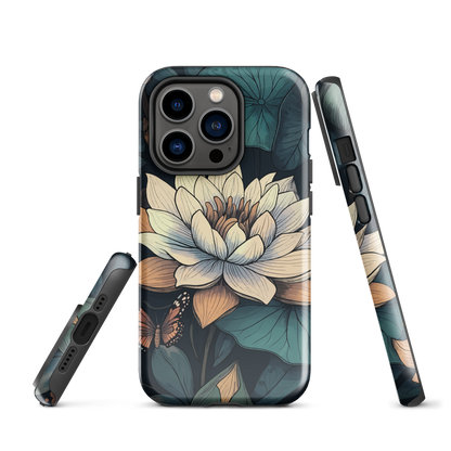 Phone case with ivory water lily, green leaves, and butterfly accents on dark background