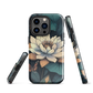 Phone case with ivory water lily, green leaves, and butterfly accents on dark background