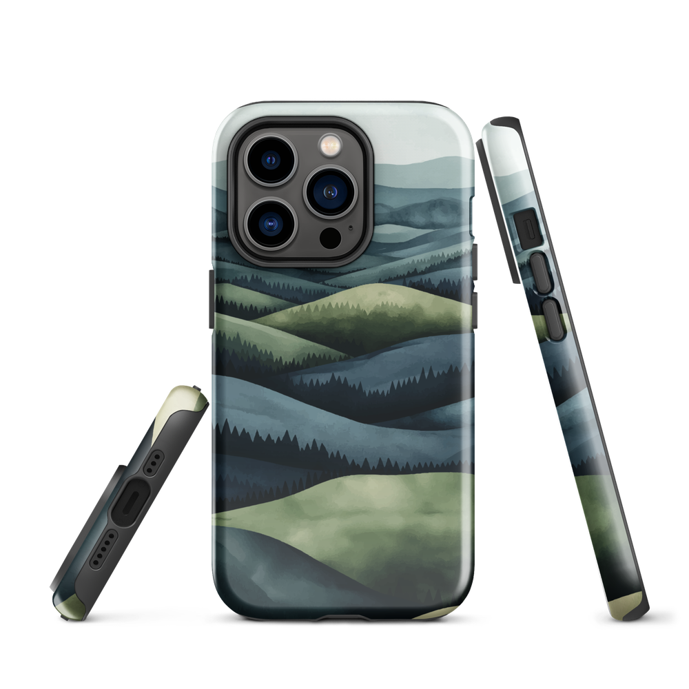 Phone case with layered mountain and forest landscape in blue and green hues