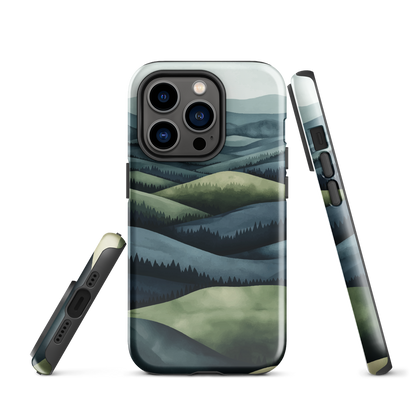 Phone case with layered mountain and forest landscape in blue and green hues