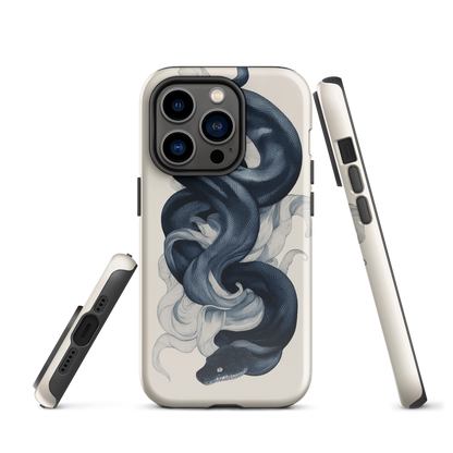 Phone case with black python and smoke design on cream background