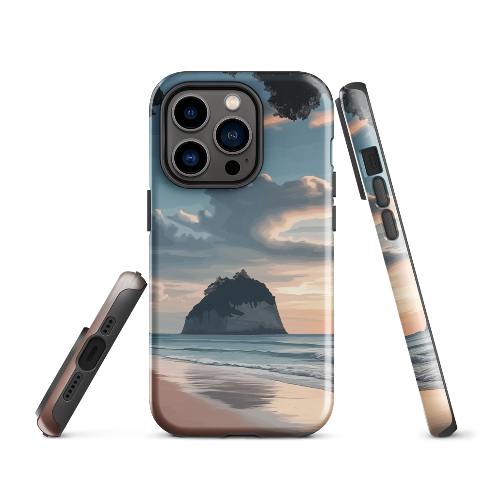 Phone case with Cathedral Cove beach and sunset scene, featuring soft skies and sea stack
