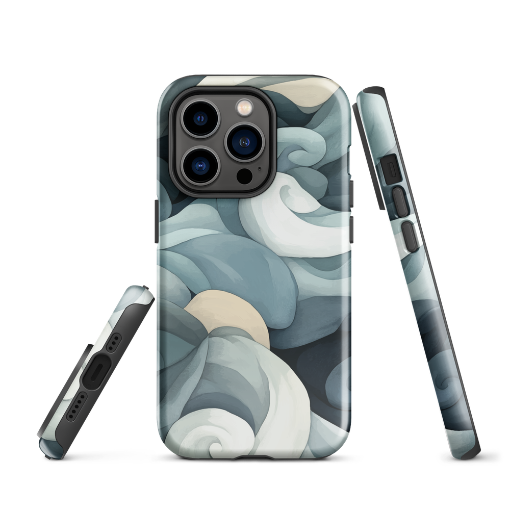 Phone case with abstract swirling ocean waves in blue and cream