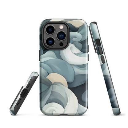 Phone case with abstract swirling ocean waves in blue and cream