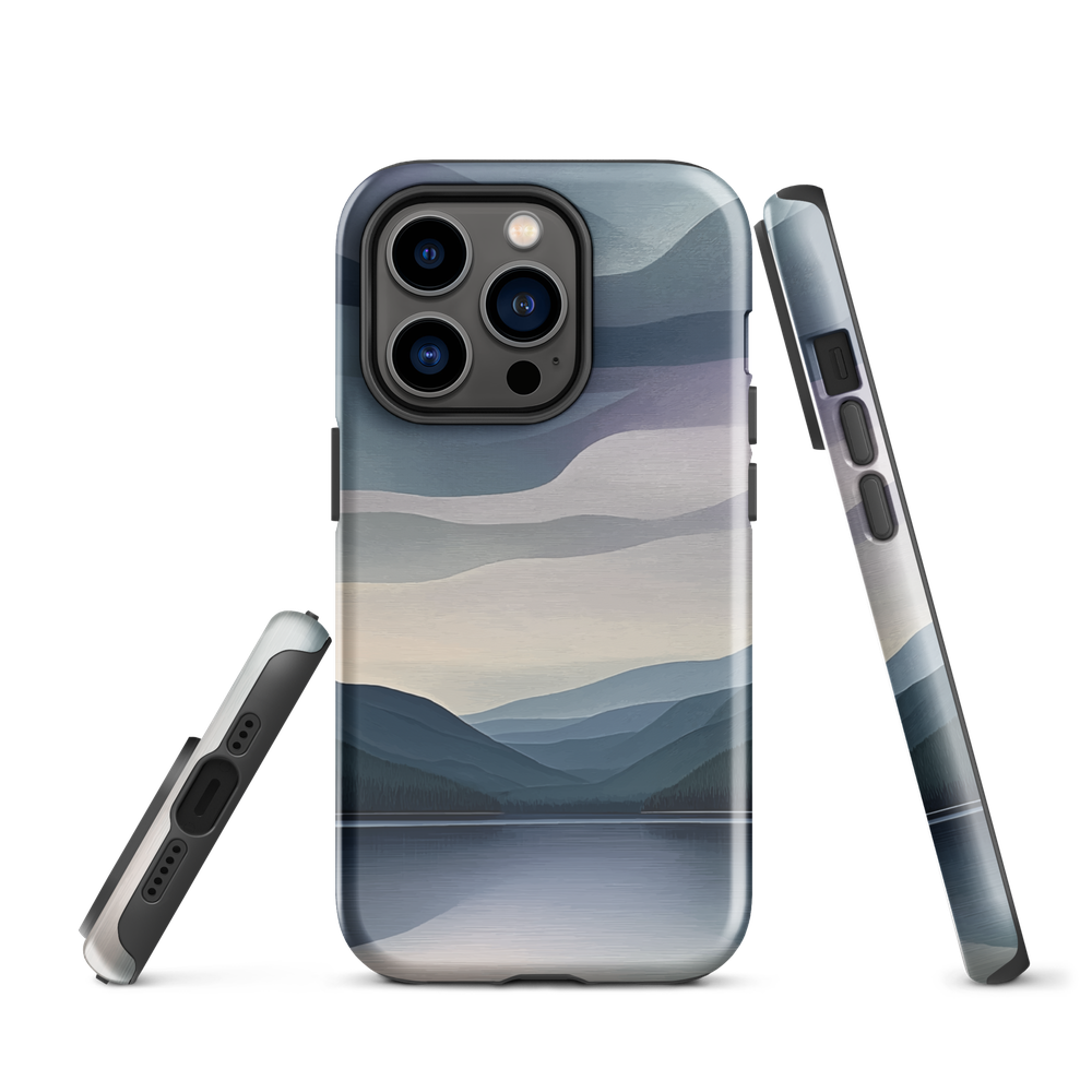 Phone case with moody blue and purple layered mountain and lake landscape artwork
