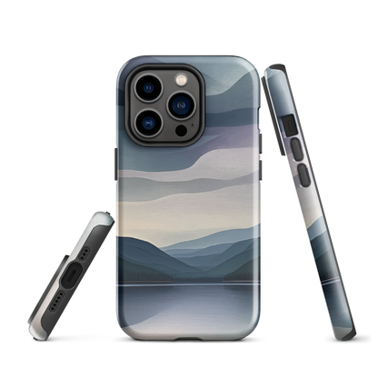 Phone case with moody blue and purple layered mountain and lake landscape artwork