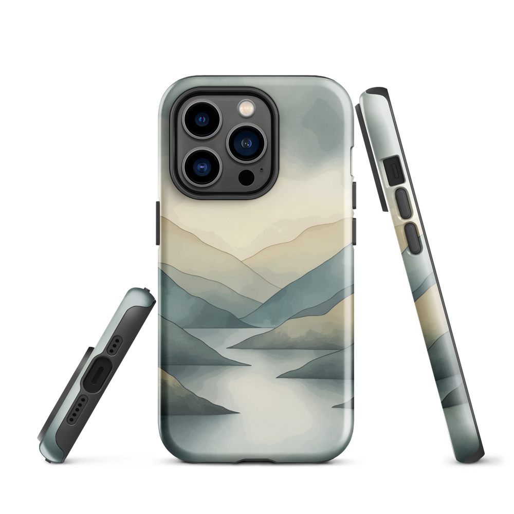 Phone case with soft mountain and valley design in misty green, blue, and golden tones
