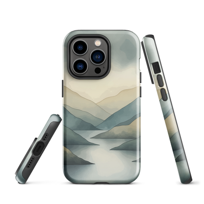 Phone case with soft mountain and valley design in misty green, blue, and golden tones
