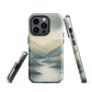 Phone case with soft mountain and valley design in misty green, blue, and golden tones