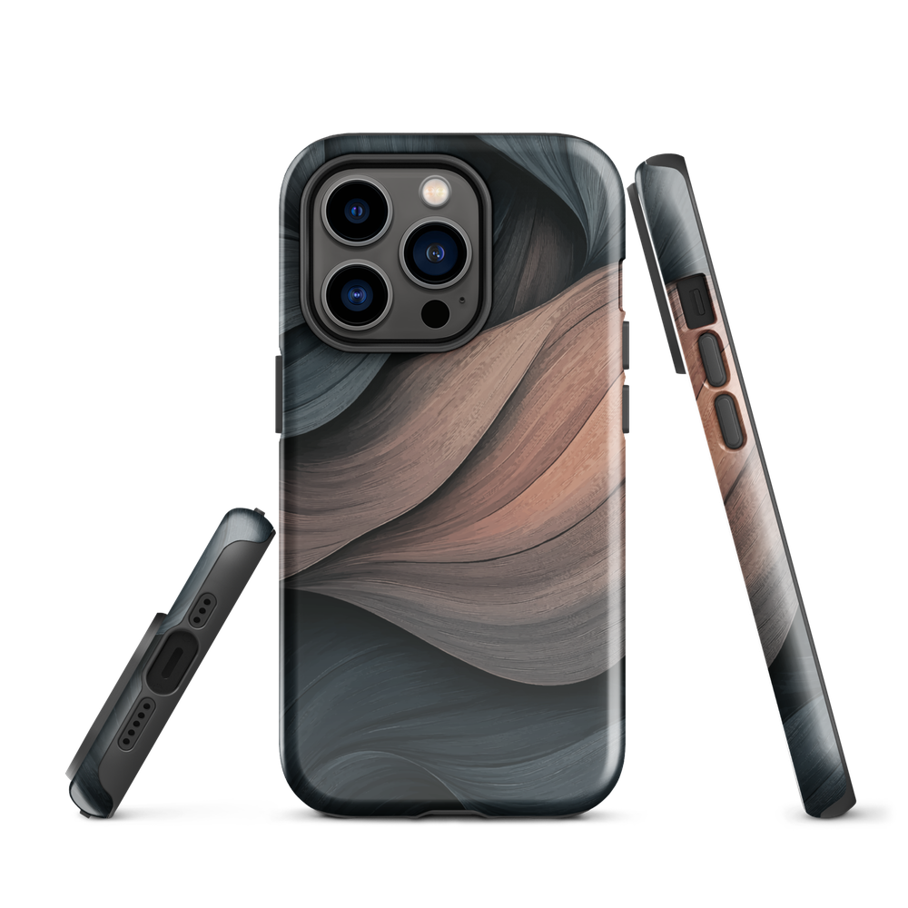Phone case with flowing abstract design in black, copper and charcoal tones, inspired by dusk shadows